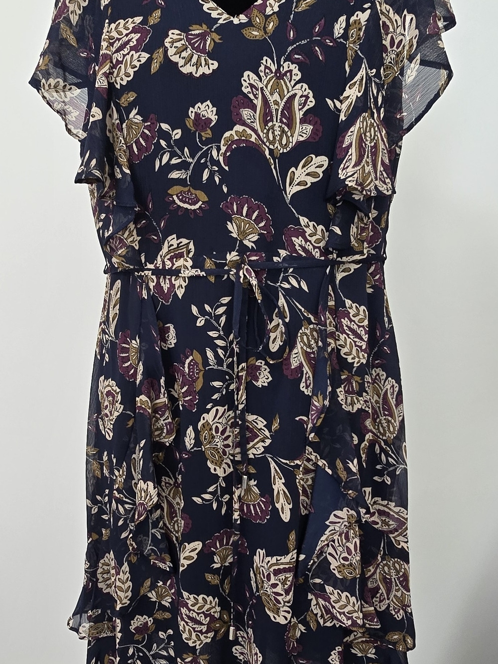 Tommy Hilfiger Navy Floral Midi Dress with Tie Waist